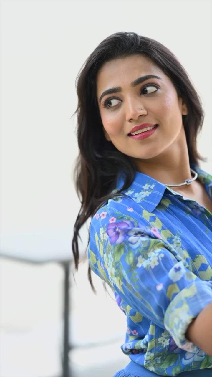 Royal Blue Floral Shirt & Solid Pleated Skirt Lehenga Set